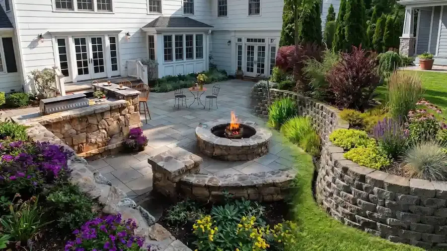 Large residential stone patio installation for outdoor living area