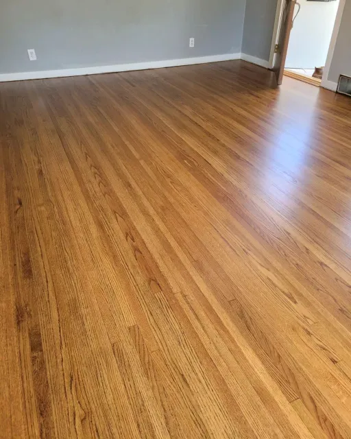 Empty room with hardwood flooring, light gray walls, several electrical outlets, and an open doorway leading outside.