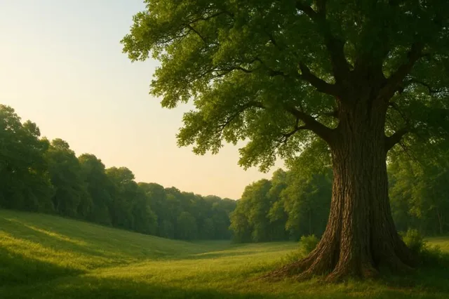 Large tree in a grassy meadow at sunrise, with its wide trunk and lush green canopy casting long shadows across the open field surrounded by dense forest.