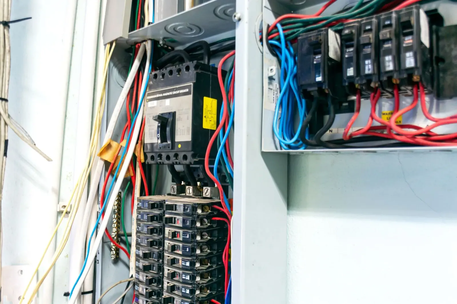 Electrical breaker panel with exposed wiring and a main circuit breaker inside a metal enclosure.