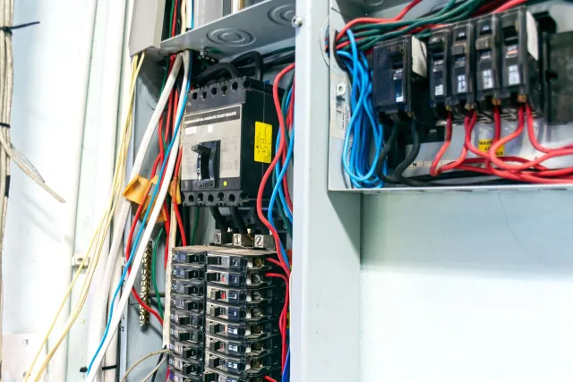 Electrical breaker panel with exposed wiring and a main circuit breaker inside a metal enclosure.