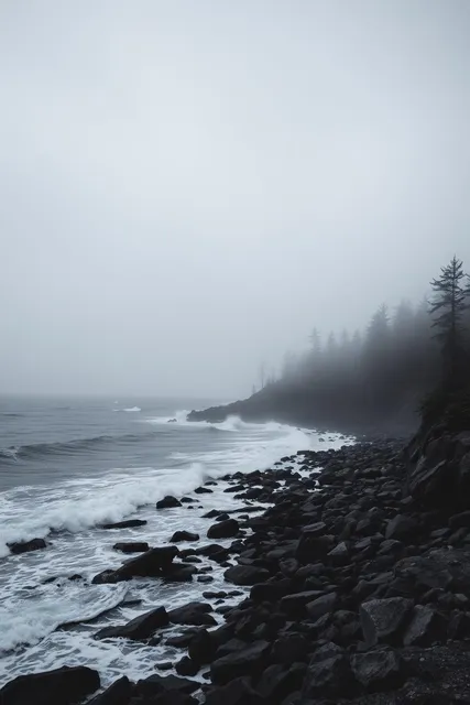 Rocky Maine coastline in fog