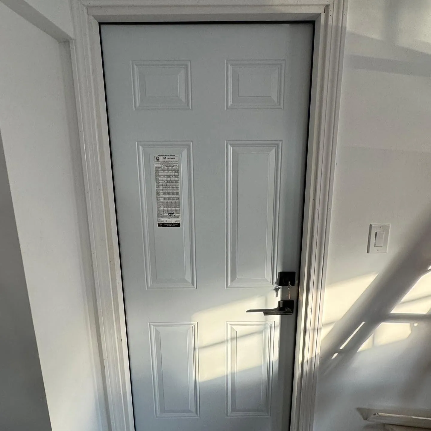 New six-panel entry door with lever hardware
