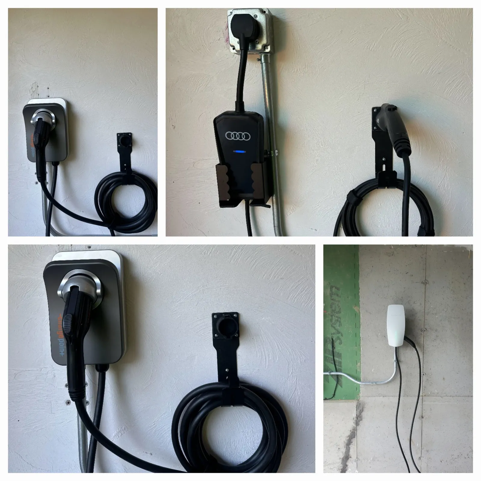 Collage of four images showing various electric vehicle charging stations and outlets mounted on wall Tesla and ChargePoint Westborough Mass by Licensed Electrician