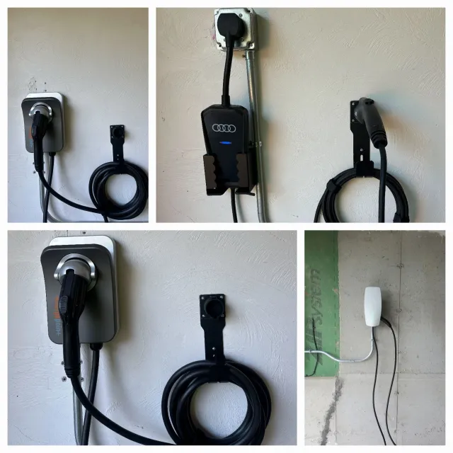 Collage of four images showing various electric vehicle charging stations and outlets mounted on wall Tesla and ChargePoint Westborough Mass by Licensed Electrician