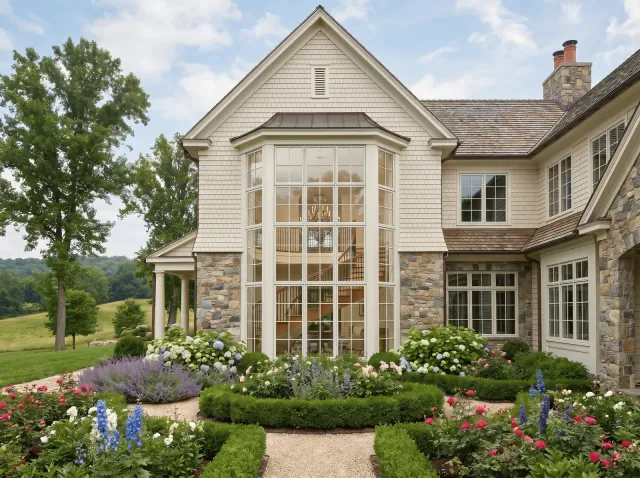 Stylish house with large windows and a well-maintained garden.