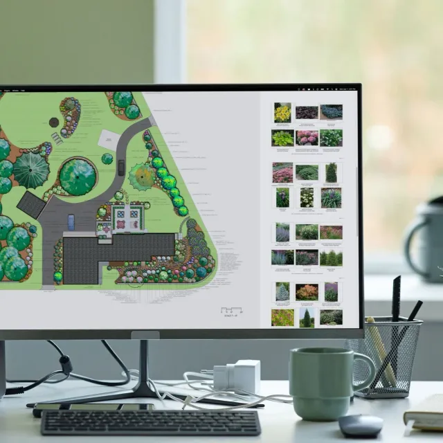 Artisan Grounds landscape designer reviewing a custom garden design plan, part of our full-service landscape design process on the New Hampshire Seacoast.