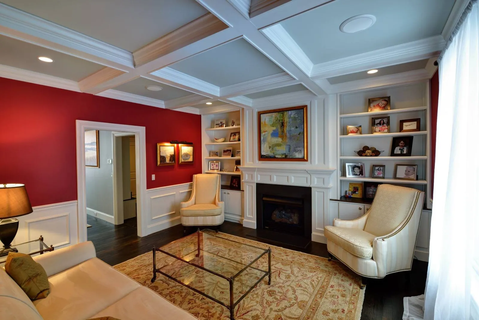 Cozy red living room with fireplace