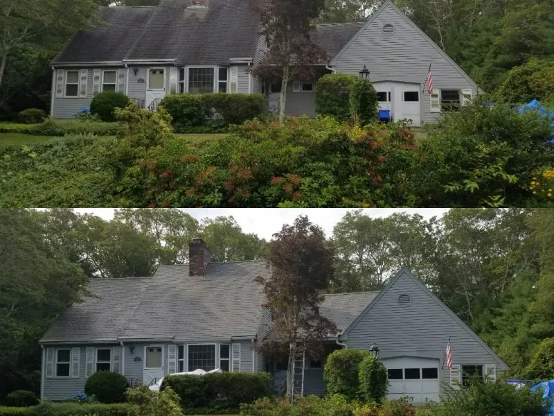 Collage before and after house and roof