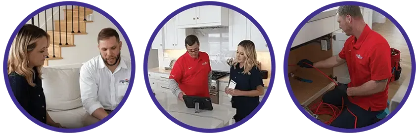 Technicians consulting with clients and performing electrical work, representing Cotti-Johnson HVAC services for installation, maintenance, and repairs in Taunton, MA.