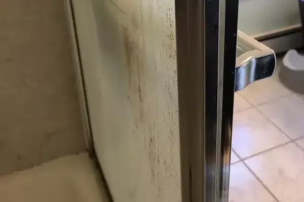 Close-up of a glass shower door with a metal handle, showing smudges and stains. Floor tiles are visible in the background.