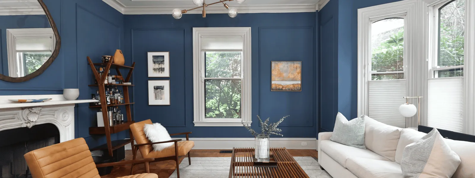 second floor living room with blue walls