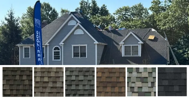 Blue house with gray shingle roof, with color samples of roofing shingles displayed below.