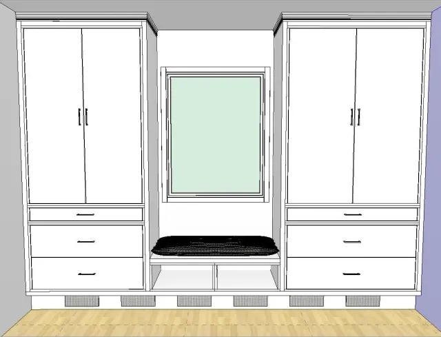 A drawing of a room with white cabinets and drawers