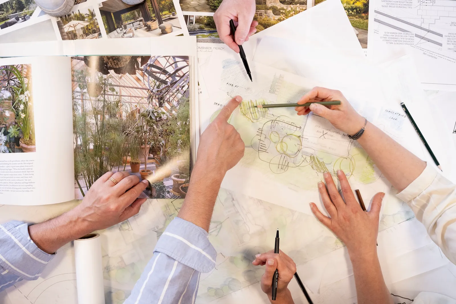 Design studio: hand-drawn landscape concept plans in progress