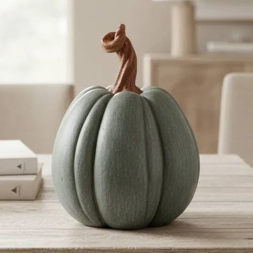 A small, vibrant sage green Munchkin pumpkin featuring distinct, deep vertical ribs and a slightly flattened shape, topped with a sturdy brown stem.