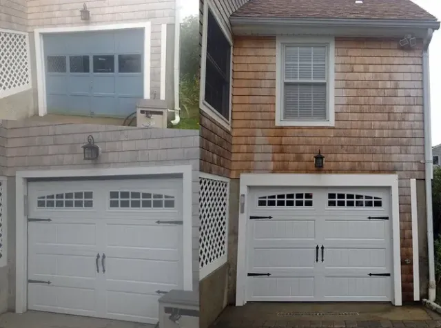 A white garage door replacement, set on a shingled building exterior.