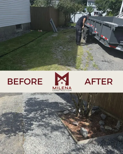 Before and after: worn side yard turned into a gravel driveway with an edged mulch bed