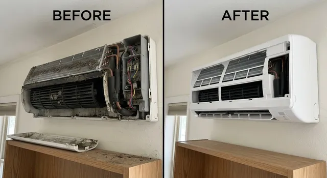 Before and after comparison: a mini-split blower wheel caked in dust and mold, next to the same style of unit looking spotless after a deep cleaning