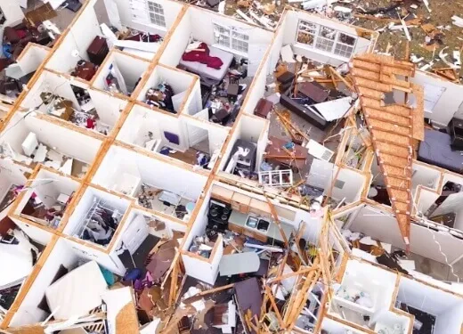 aerial view of damaged building with no roof