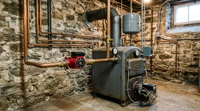 Cast iron boiler with copper piping in the basement of an older Bridgeport home