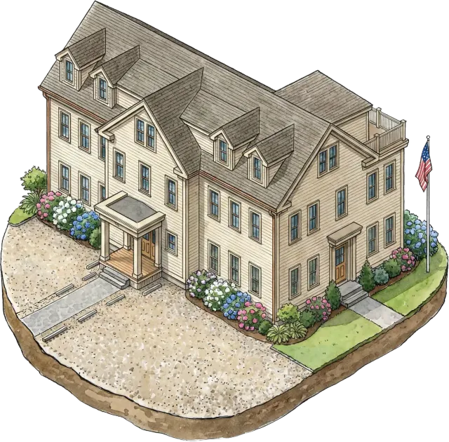 Illustration of a large, beige, two-story house with dormer windows, a front porch, surrounding bushes, and an American flag on a pole in the yard—expertly crafted by Cedar Hill Construction Managers.