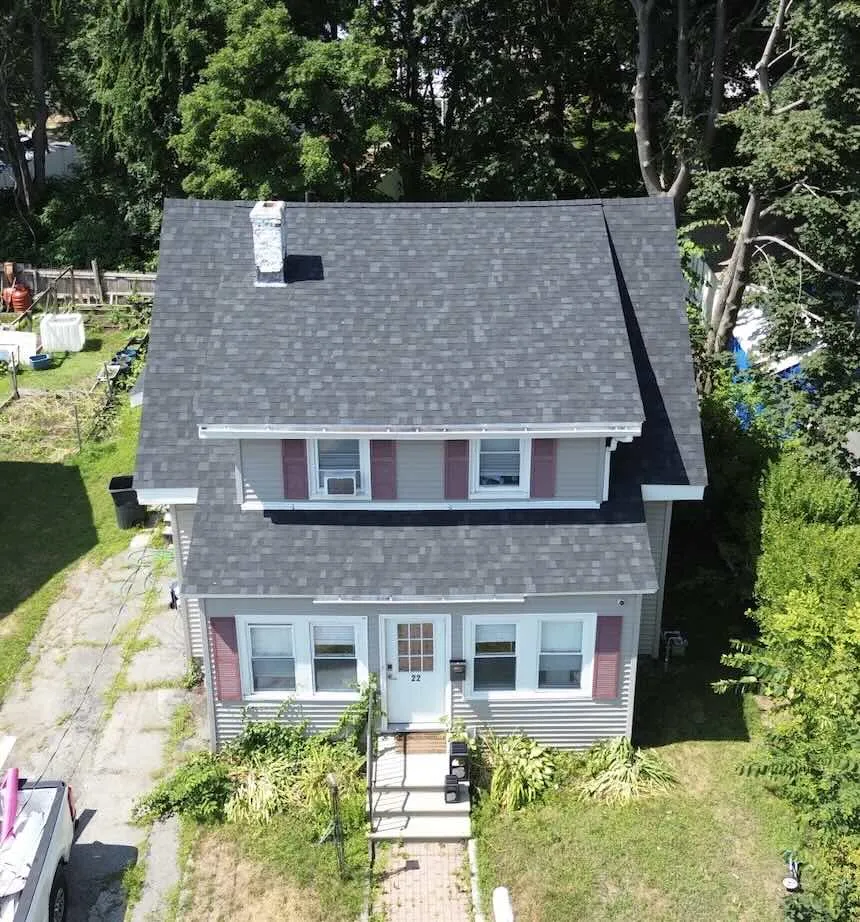 Aerial view of the roof project in worcester by hemlock contracting team expert