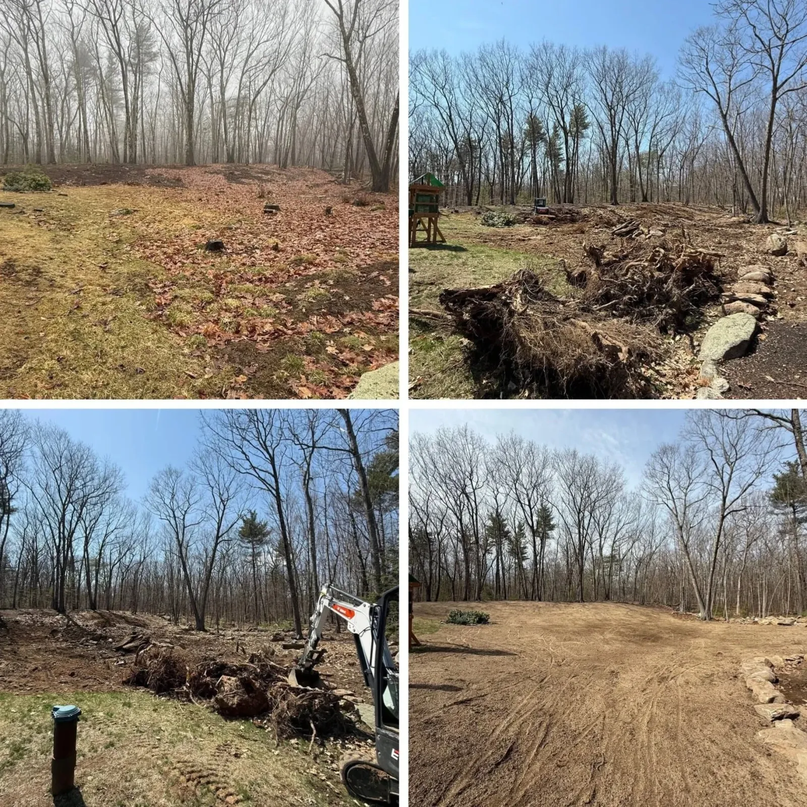 Sequence of four photos showing yard work and landscaping: top left with leaves on the ground, top right with uprooted trees and soil, bottom left with heavy machinery and rocks, bottom right with a cleared and leveled yard.
