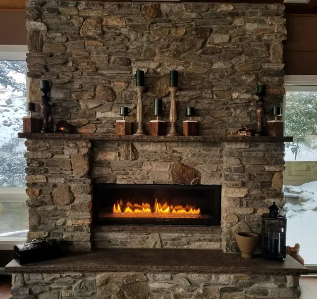 Lit fireplace burning