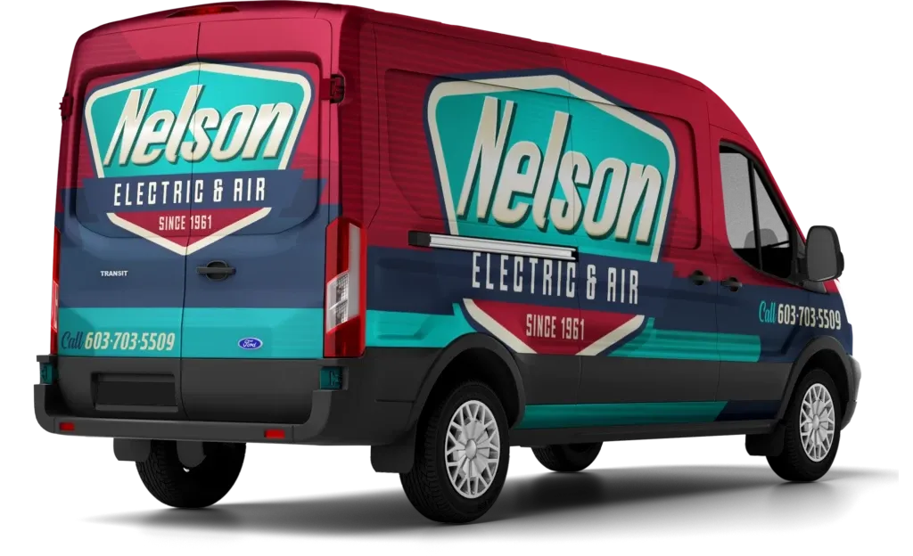 NELSON ELECTRIC & AIR ford transit work van with a full branded vehicle wrap that is red, blue, green and tan.