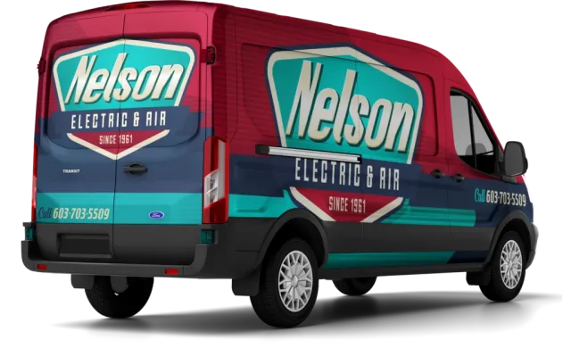 NELSON ELECTRIC & AIR ford transit work van with a full branded vehicle wrap that is red, blue, green and tan.