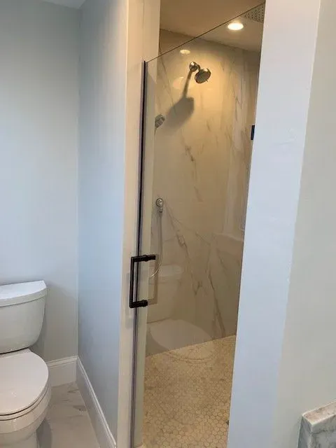a bathroom with a toilet and a walk in shower