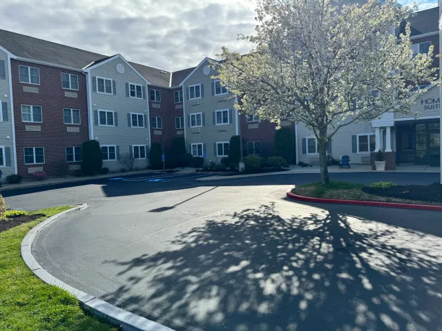 View of a pastel-colored apartment complex with multiple windows, a paved parking lot with handicapped parking spaces, and a blossoming tree casting shadows on the ground, taken during daytime with partly cloudy skies.