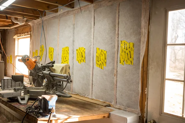Horizon Homes crew installing blown-in cellulose insulation in a Maine home