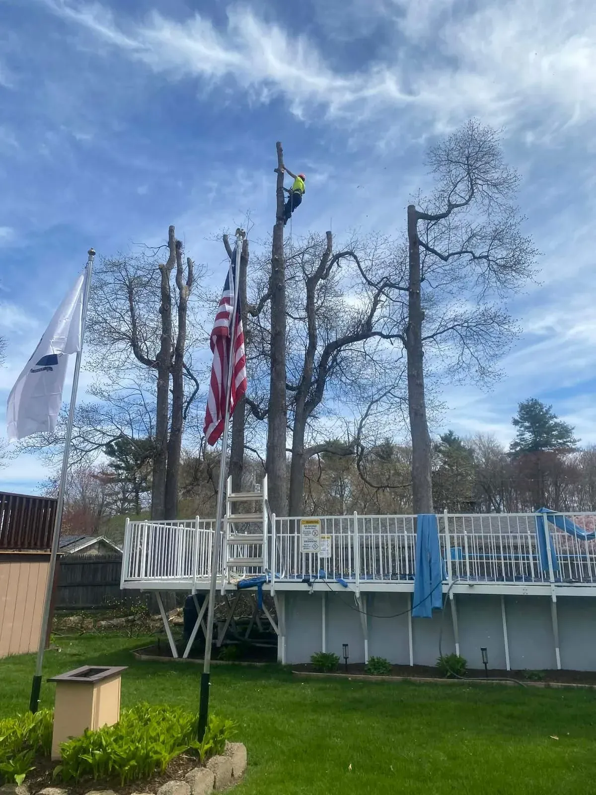 White deck with U.S. flag and two flags on poles among tall leafless trees under a blue sky