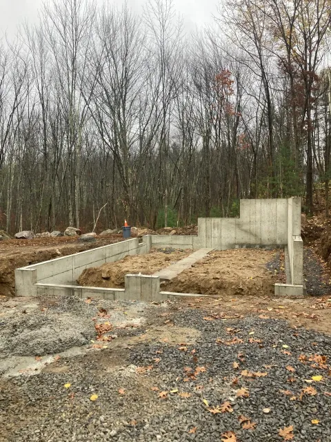 A concrete wall is being built in the middle of a forest.