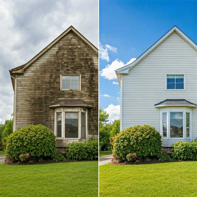 residential pressure washing and gutter cleaning greater boston - BEFORE & AFTER photos of a power washed house