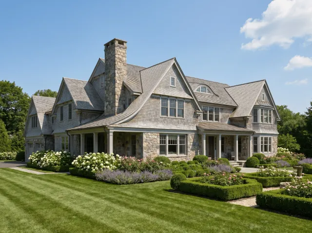 Luxurious Shingle-style estate with a stone chimney, perfectly manicured green lawn, and beautiful landscape design featuring hydrangeas and lavender flowers
