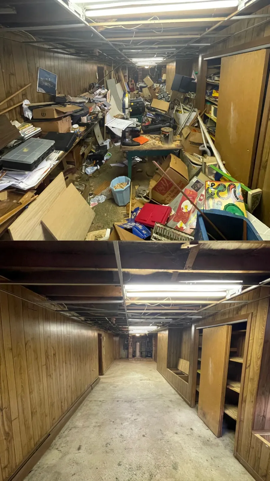 Top: Messy basement filled with clutter. Bottom: Clean, empty basement hallway.