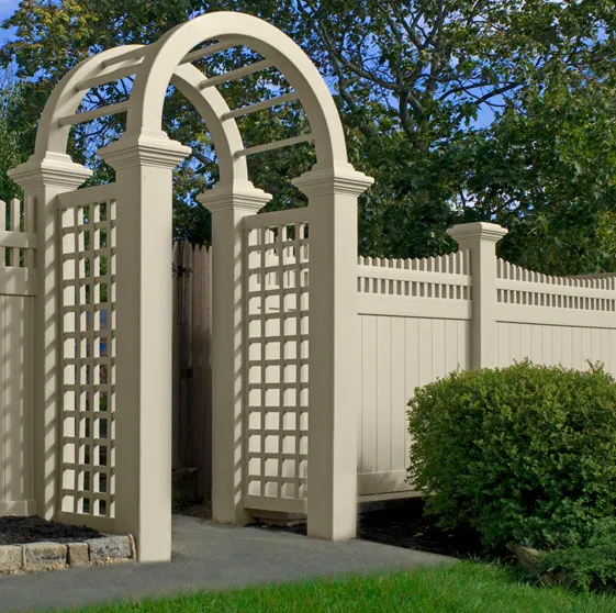 Beige vinyl privacy fence panel with majestic posts