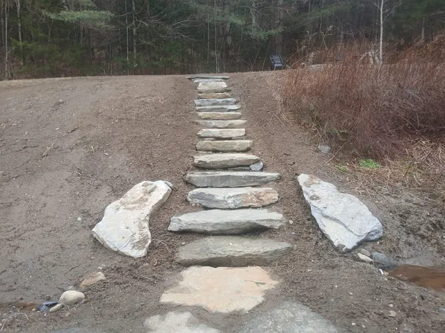 Stone slab steps, set by hand