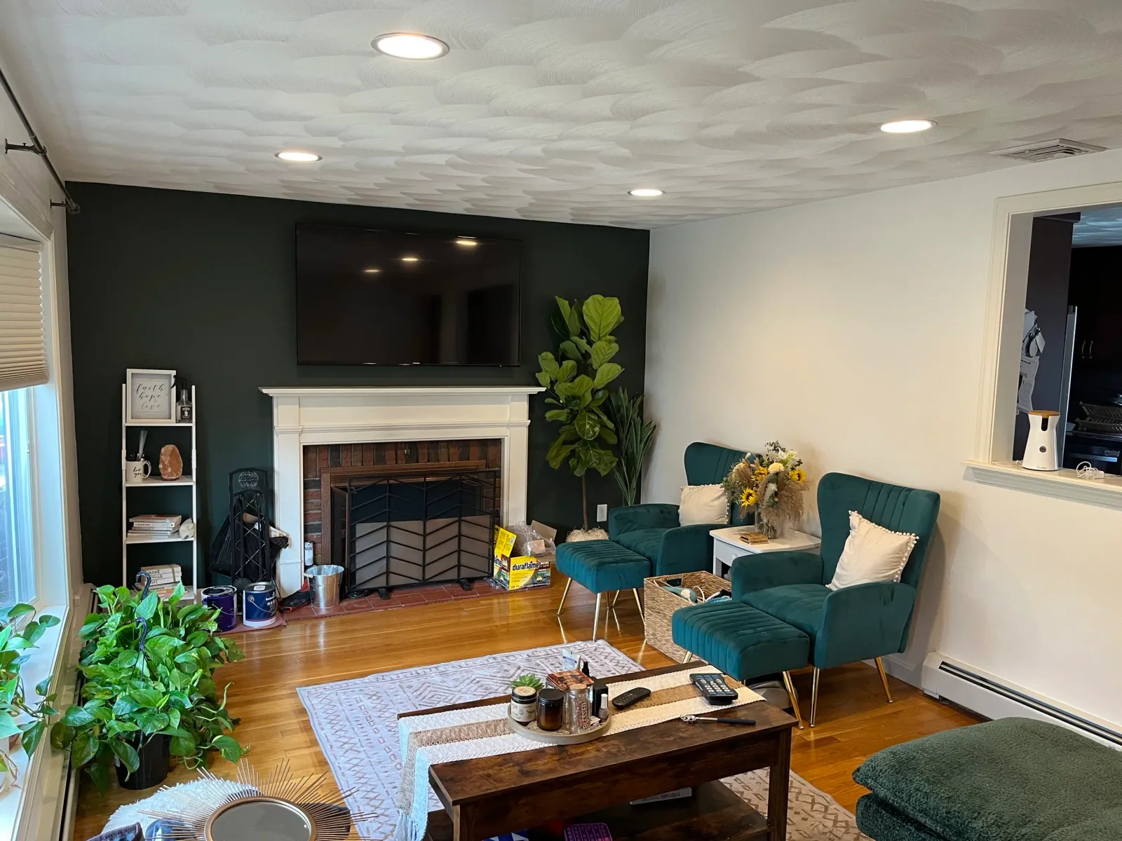 Cozy living room with green accent wall, fireplace, and mounted TV. Two green armchairs with white pillows are in front of a white wall. A wooden coffee table is centered on a patterned rug. Indoor plants are near the window on the left.