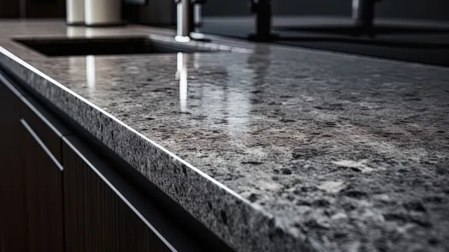 Granite kitchen countertop with a stainless-steel faucet beside a sink