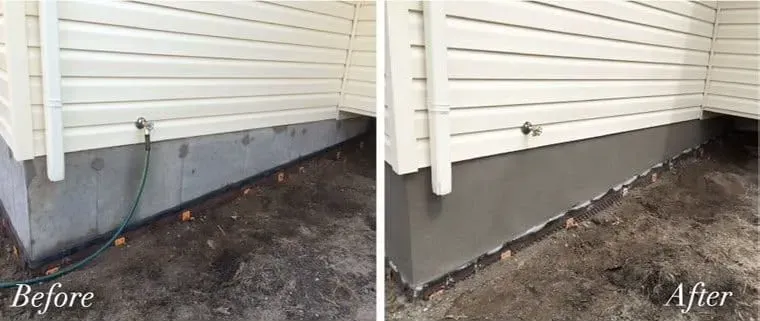 Before-and-after of a house foundation repair with new gray concrete along the siding.