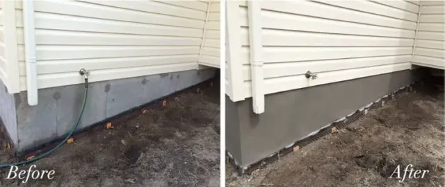 Before-and-after of a house foundation repair with new gray concrete along the siding.