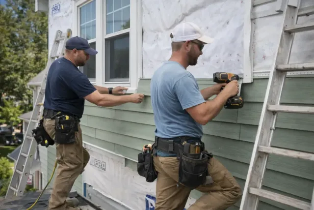 Two construction workers installing siding on a residential home, one measuring and the other using a power drill, with a ladder visible in the background, highlighting professional siding installation services.