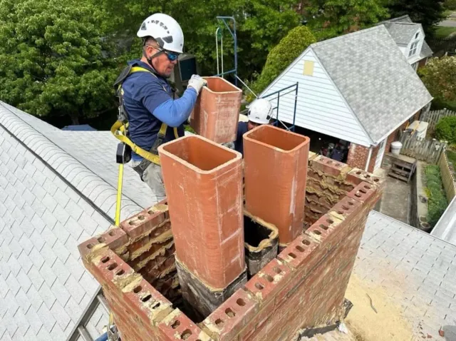 Stone Master chimney specialist working safely on a masonry chimney with a safety harness in New Hampshire