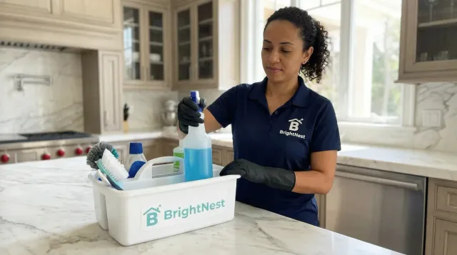BrightNest cleaner with branded supply caddy ready to clean a Greater Boston home