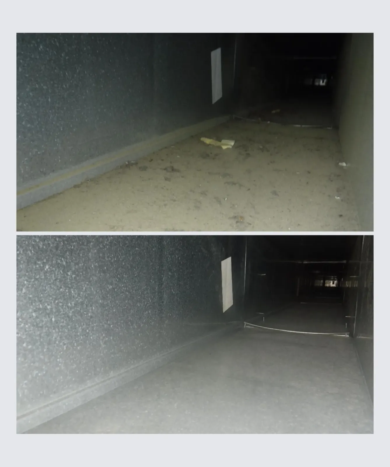 Top: Dirty HVAC duct interior. Bottom: Clean HVAC duct interior.