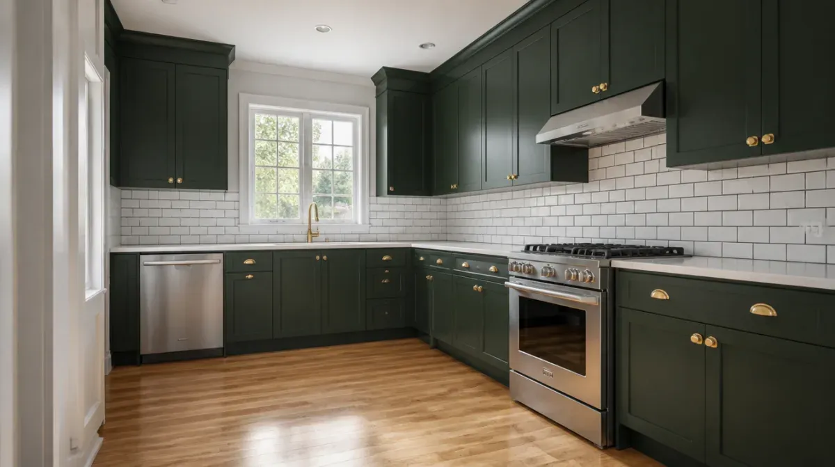 Satin white refinished cabinet door with brass knob